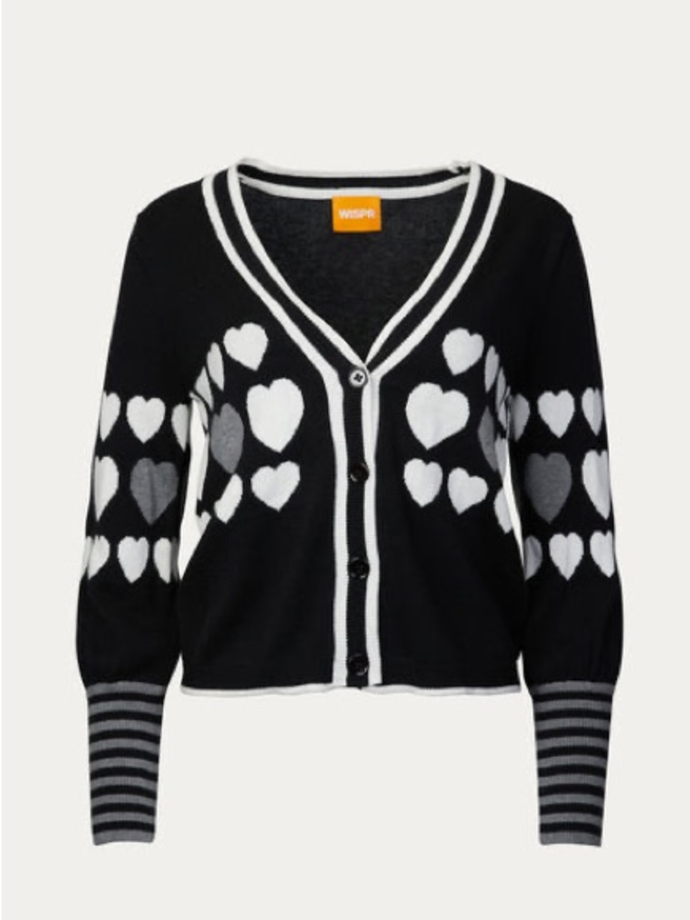 Brodie Cashmere WISPR Black & White Heart Pattern V-Neck Cardigan Sweater